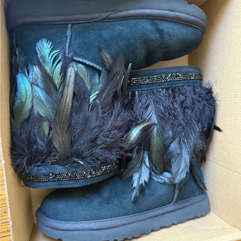 Women’s Black Feather Trim Winter Boots
